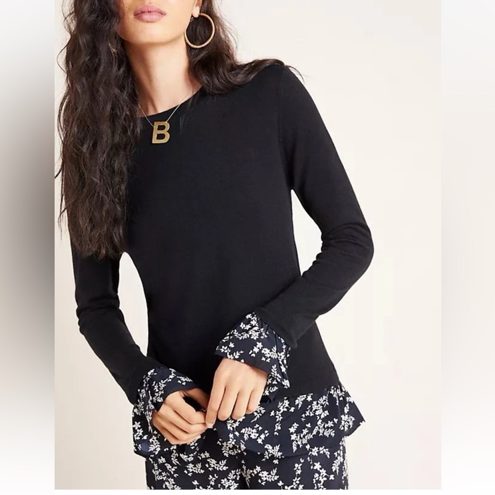 Kachel x Anthropologie Waverly Black Top Size 12 Floral Trim Bell Sleeve